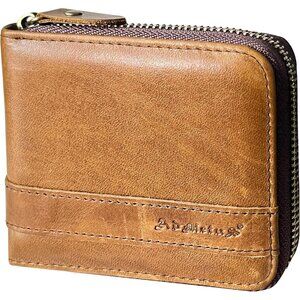 Men's Genuine Leather Dark Tan Short Zip Around Pockets Bifold Wallet Card